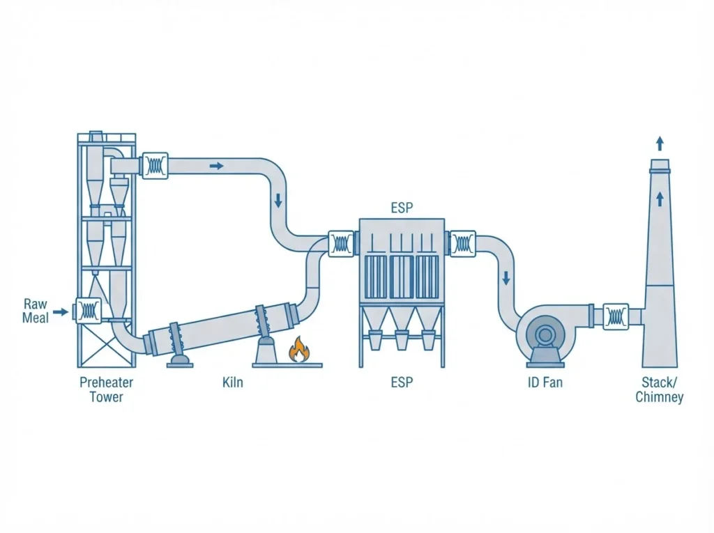 Diagram showing expansion joint locations across a cement plant duct system