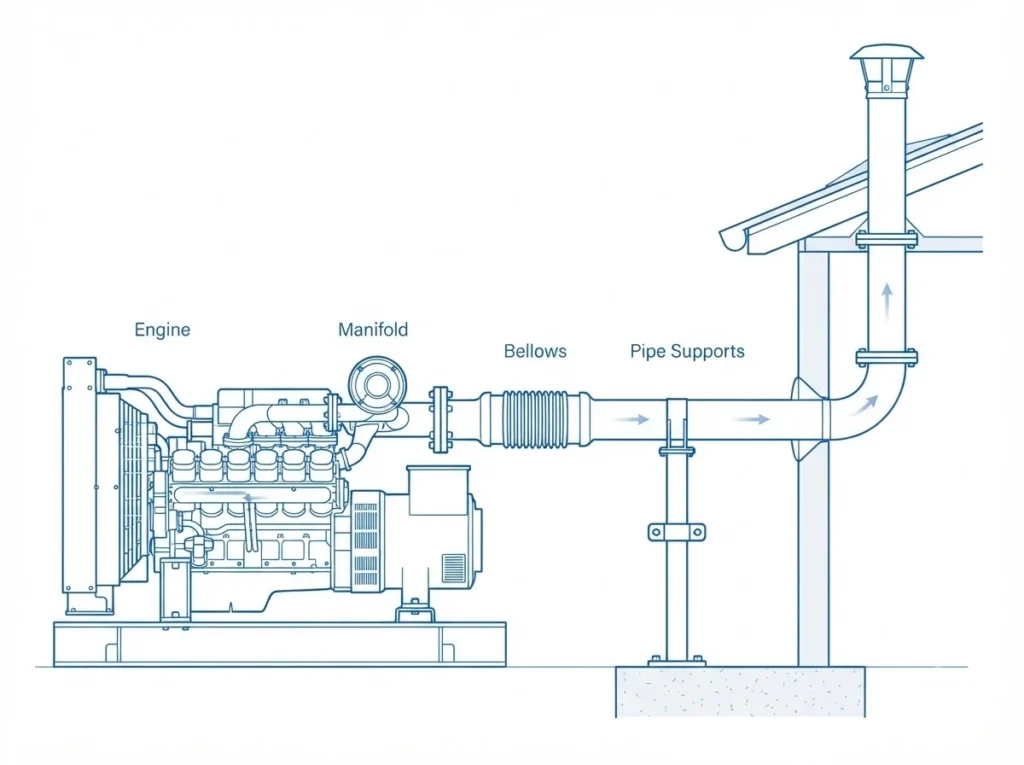 Diagram of exhaust expansion bellows placement in a genset exhaust system
