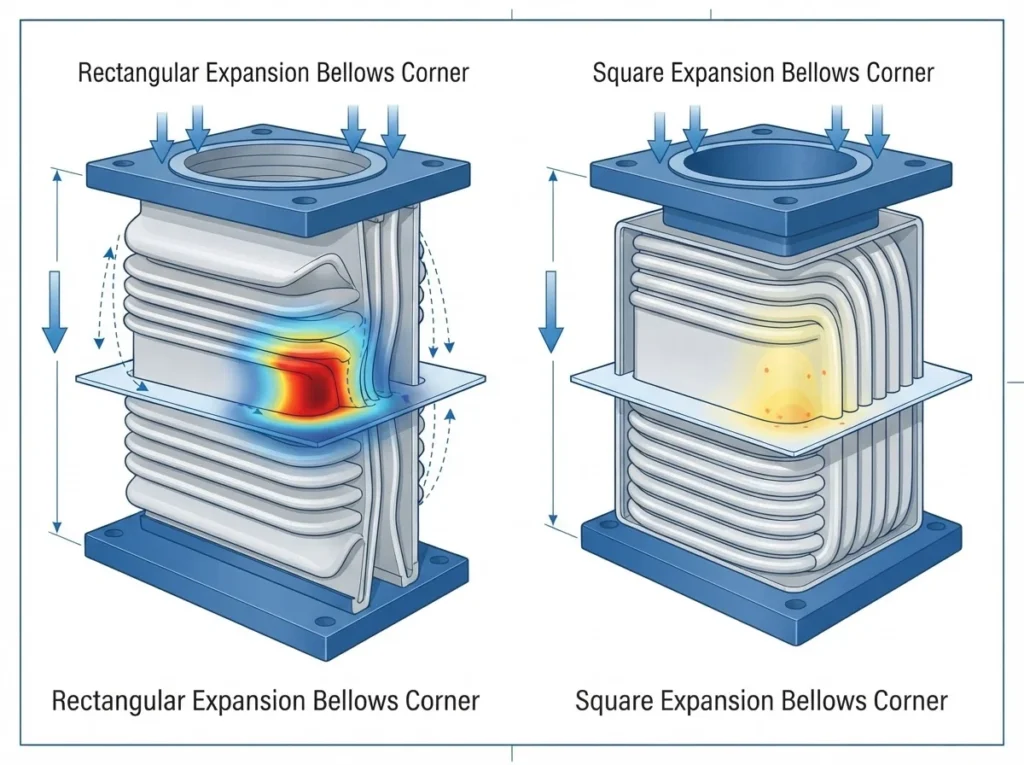 Diagram comparing corner stress on rectangular vs square expansion bellows