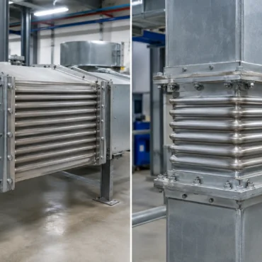 Rectangular and square expansion bellows side by side in industrial ducting